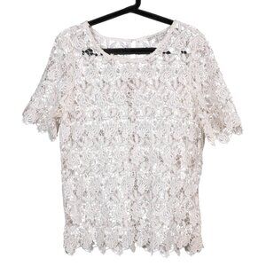 Haute Monde Floral Blouse XL Womens White Lace Short Sleeve Sheer Career Casual
